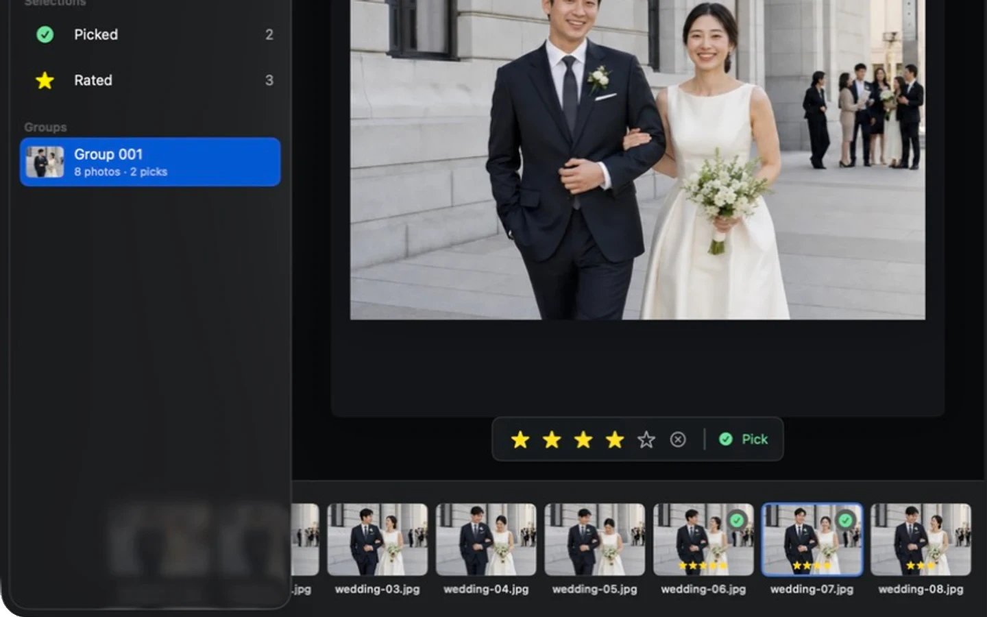 CullBench similar-group sidebar and same-group filmstrip